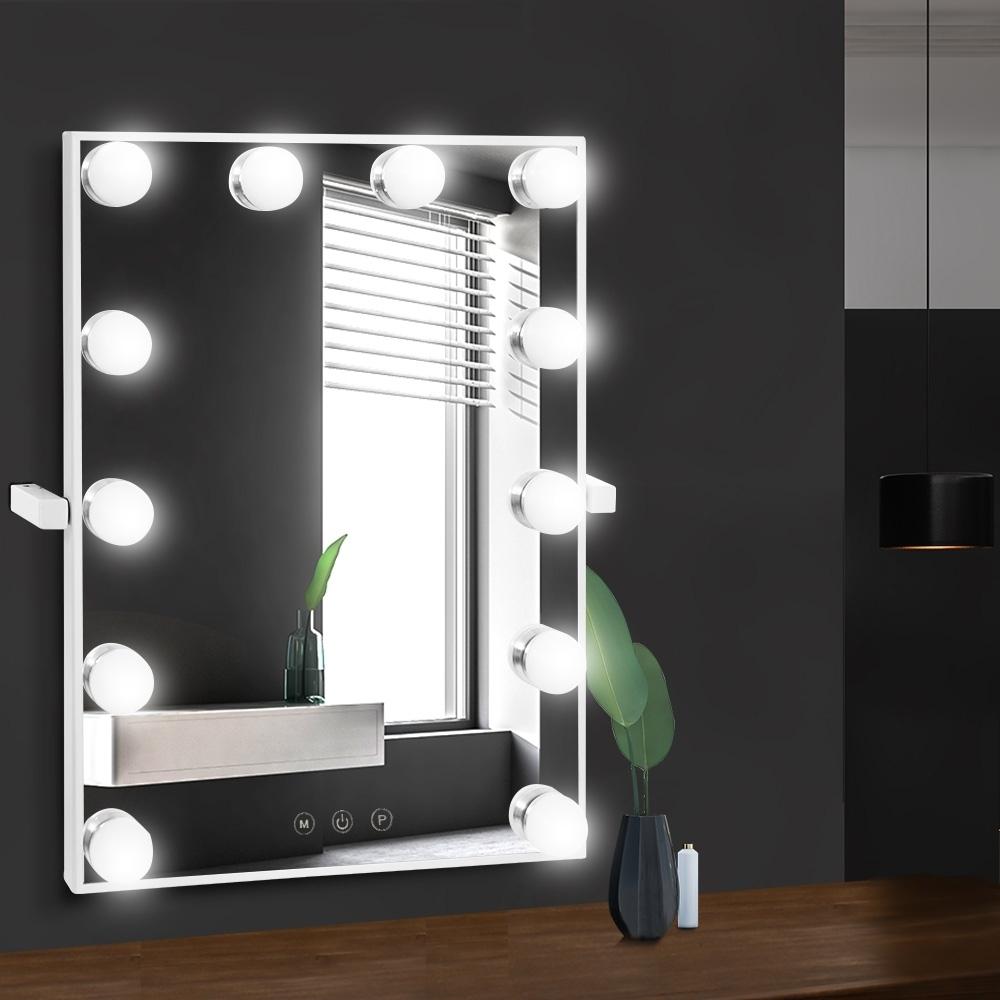 Embellir Hollywood Wall Mirror with 12 LED lights, showcasing a sleek metal frame and touch control features for adjustable brightness.