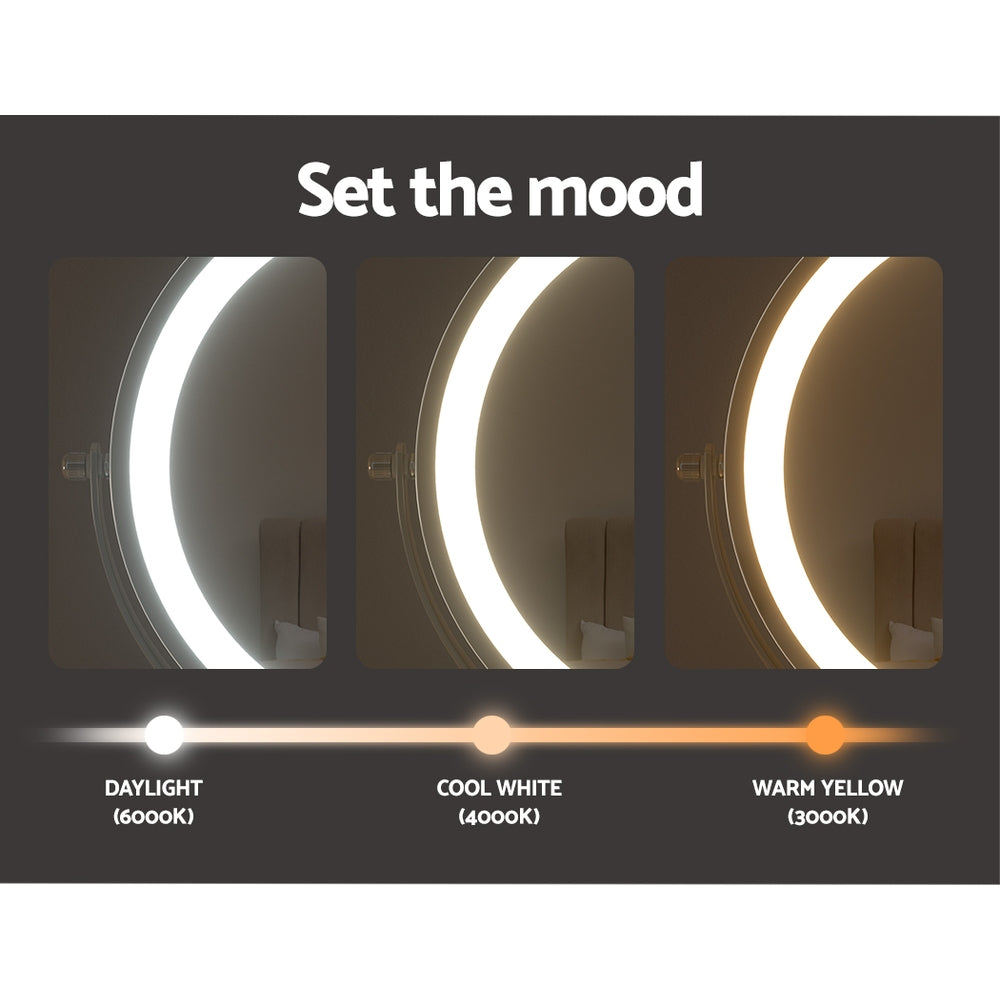 Embellir Makeup Mirror with LED lights, featuring a round design, 360° rotation, and dual magnification options, elegantly framed in aluminium.