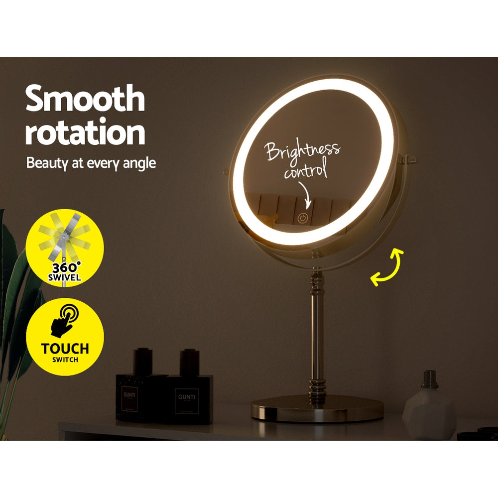 Embellir Makeup Mirror with LED lights, featuring a round design, 360° rotation, and dual magnification options, elegantly framed in aluminium.