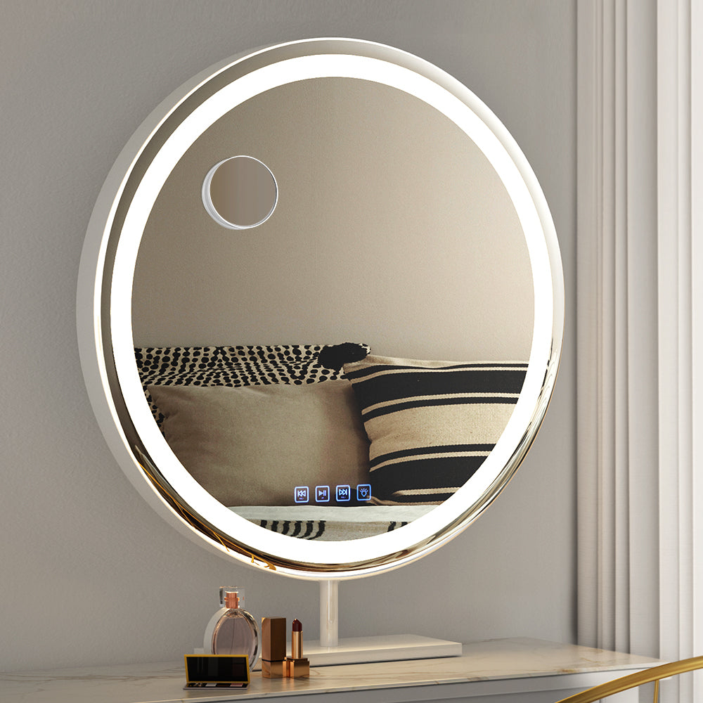 Embellir Makeup Mirror with Light featuring Bluetooth and LED lights, showcasing a sleek aluminum frame and touch controls.