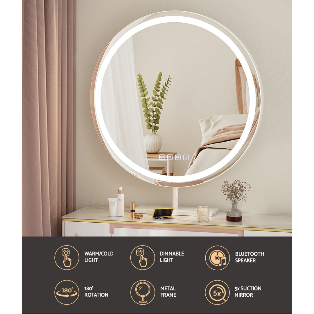 Embellir Makeup Mirror with Light featuring Bluetooth and LED lights, showcasing a sleek aluminum frame and touch controls.