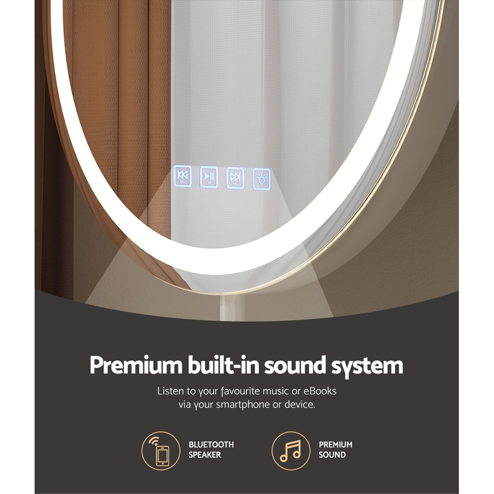 Embellir Makeup Mirror with Light featuring Bluetooth and LED lights, showcasing a sleek aluminum frame and touch controls.