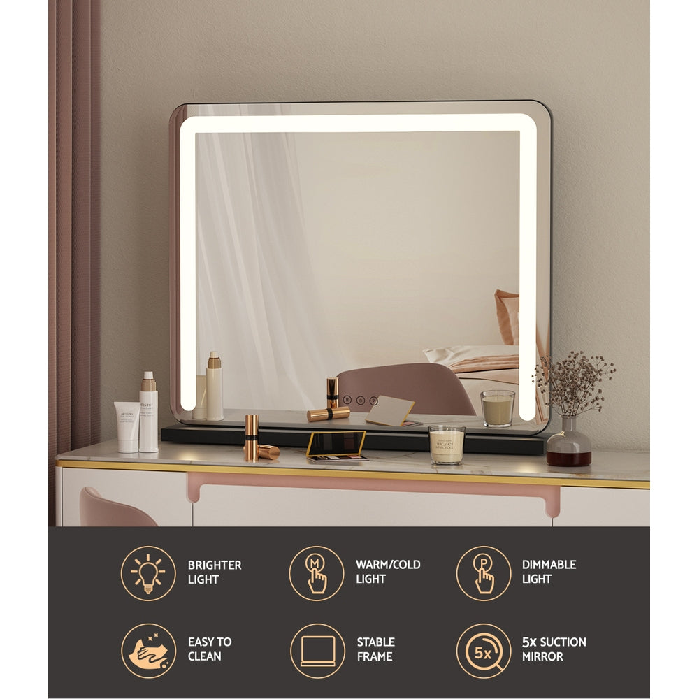 Embellir Makeup Mirror with LED lights, featuring a sleek aluminium frame and touch controls, perfect for makeup application.
