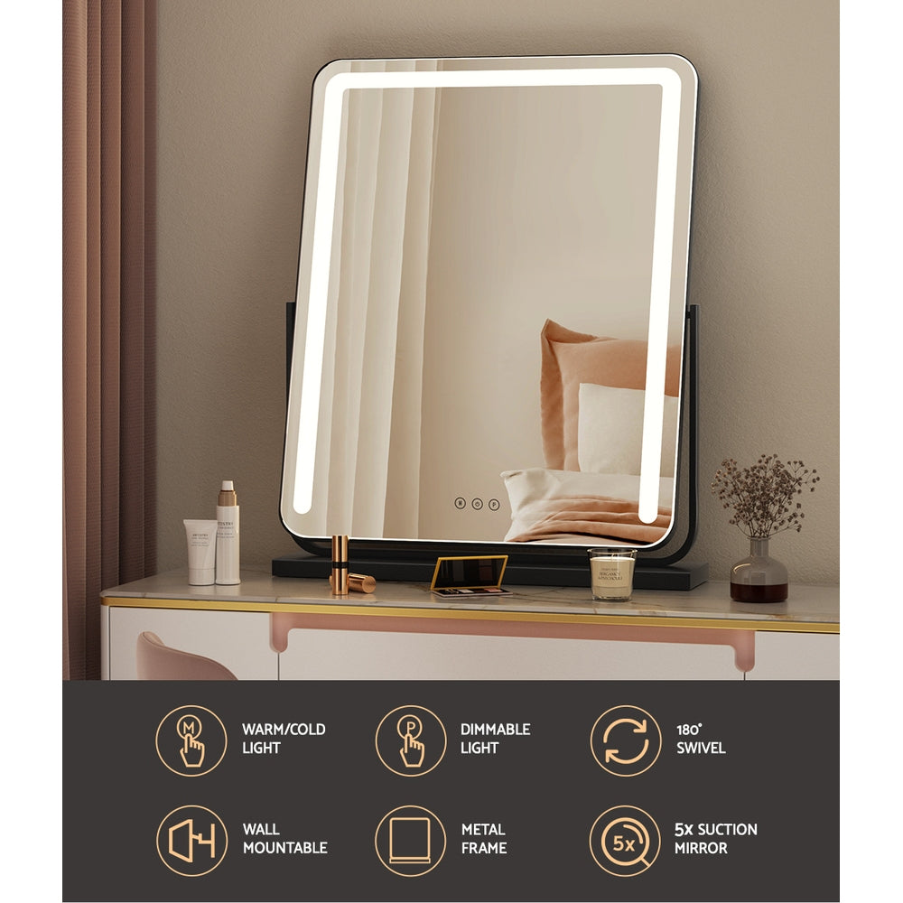 Embellir Makeup Mirror with bright LED lights, showcasing a stylish aluminum frame and a smooth powder-coated MDF base, perfect for vanity or wall mounting.