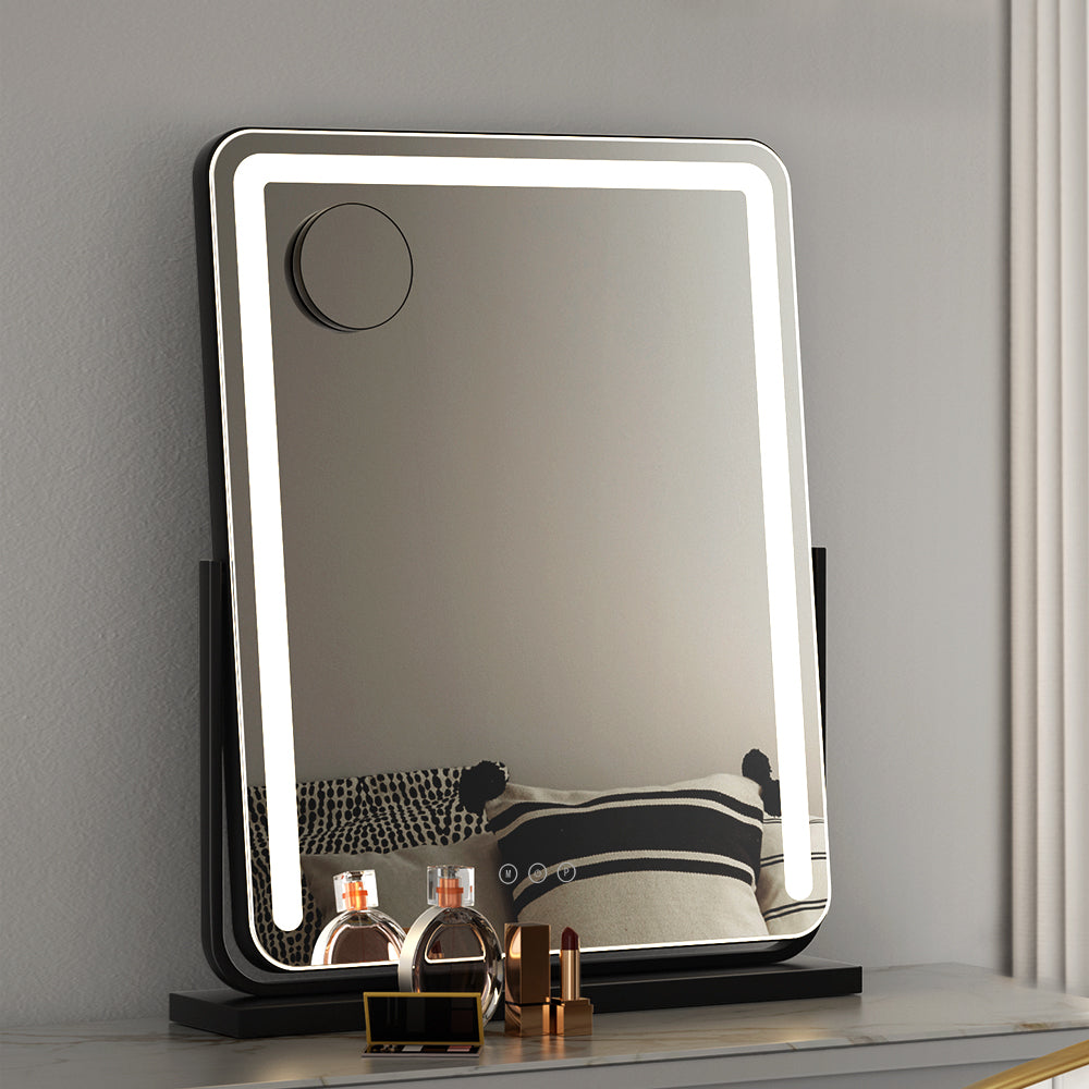 Embellir Makeup Mirror with bright LED lights, showcasing a stylish aluminum frame and a smooth powder-coated MDF base, perfect for vanity or wall mounting.