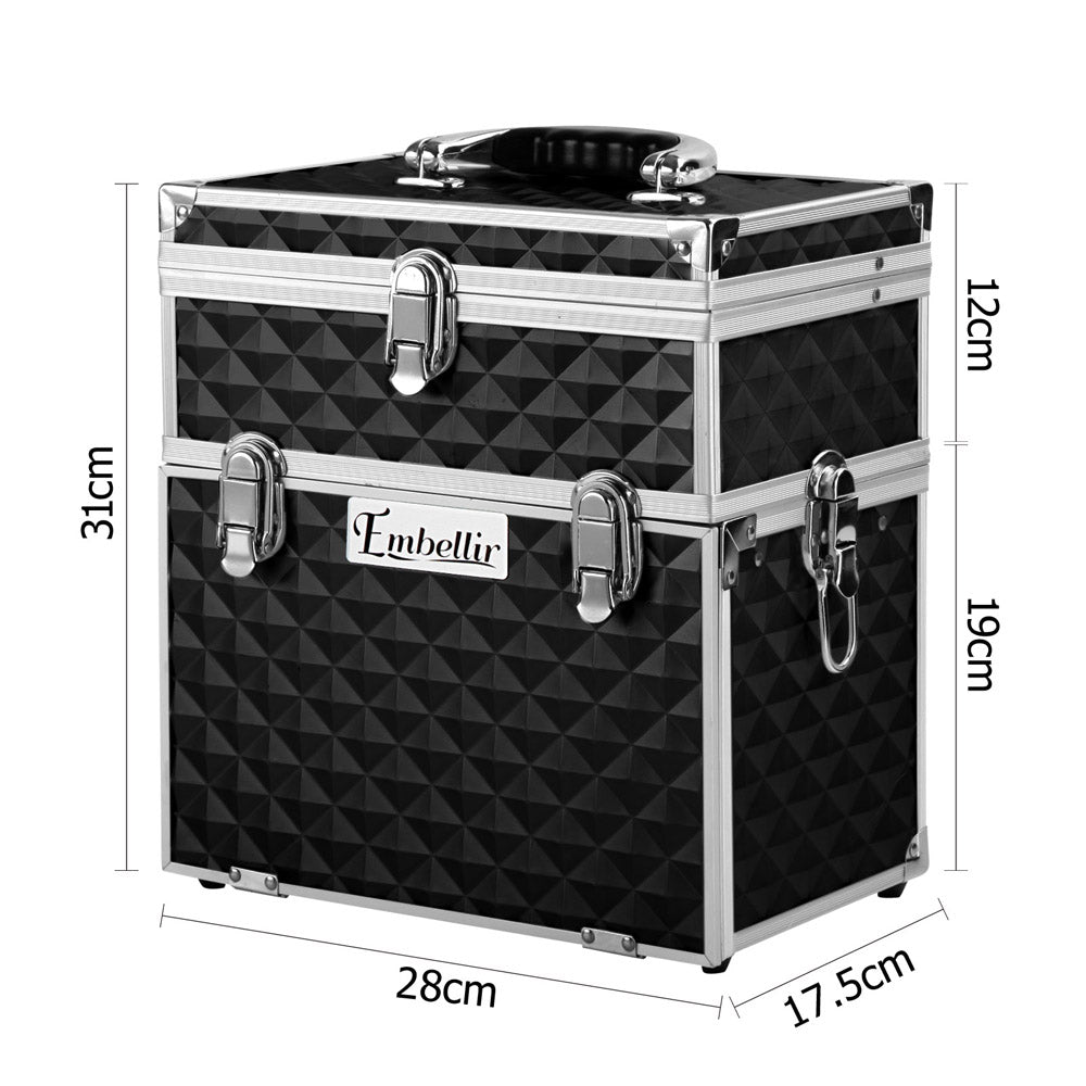 Embellir Portable Cosmetic Beauty Makeup Carry Case in Diamond Black with elegant velvet interior and sliding trays.
