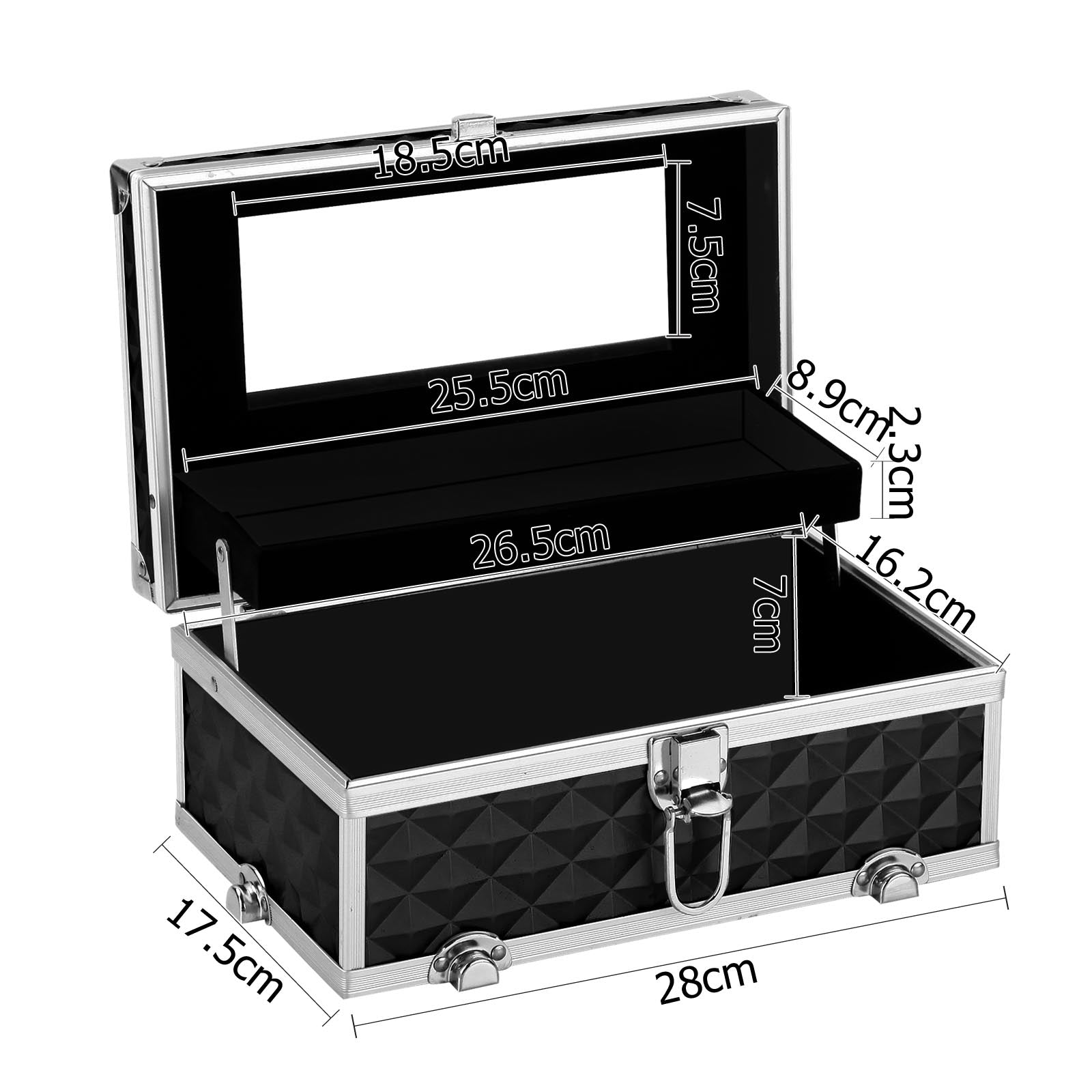 Embellir Portable Cosmetic Beauty Makeup Carry Case in Diamond Black with elegant velvet interior and sliding trays.