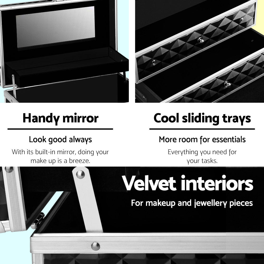 Embellir Portable Cosmetic Beauty Makeup Carry Case in Diamond Black with elegant velvet interior and sliding trays.
