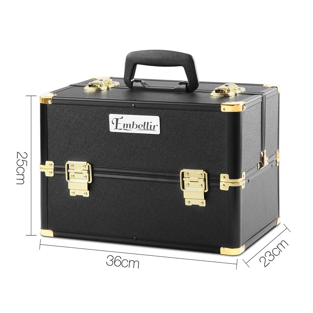 Embellir Portable Cosmetic Beauty Makeup Case in Black and Gold with elegant design and spacious interior.