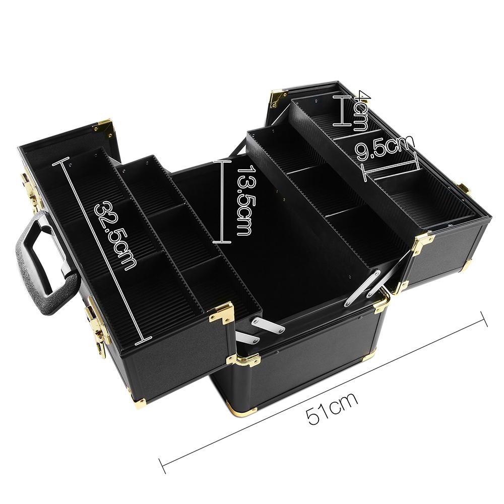 Embellir Portable Cosmetic Beauty Makeup Case in Black and Gold with elegant design and spacious interior.