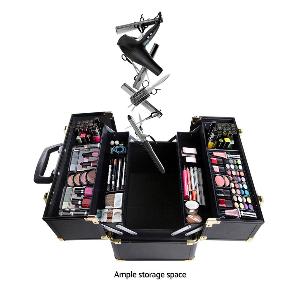 Embellir Portable Cosmetic Beauty Makeup Case in Black and Gold with elegant design and spacious interior.