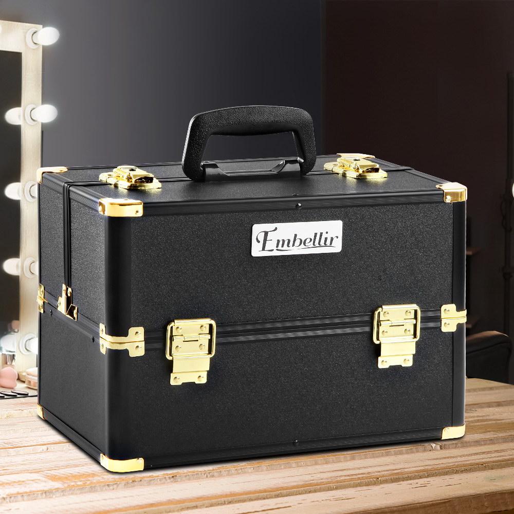 Embellir Portable Cosmetic Beauty Makeup Case in Black and Gold with elegant design and spacious interior.