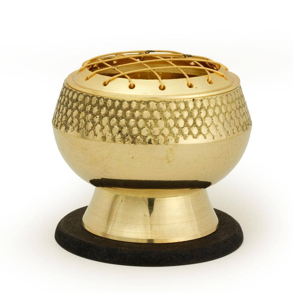 Embossed Brass Burner with wooden coaster, designed for burning incense, featuring a unique embossed design and removable net top.
