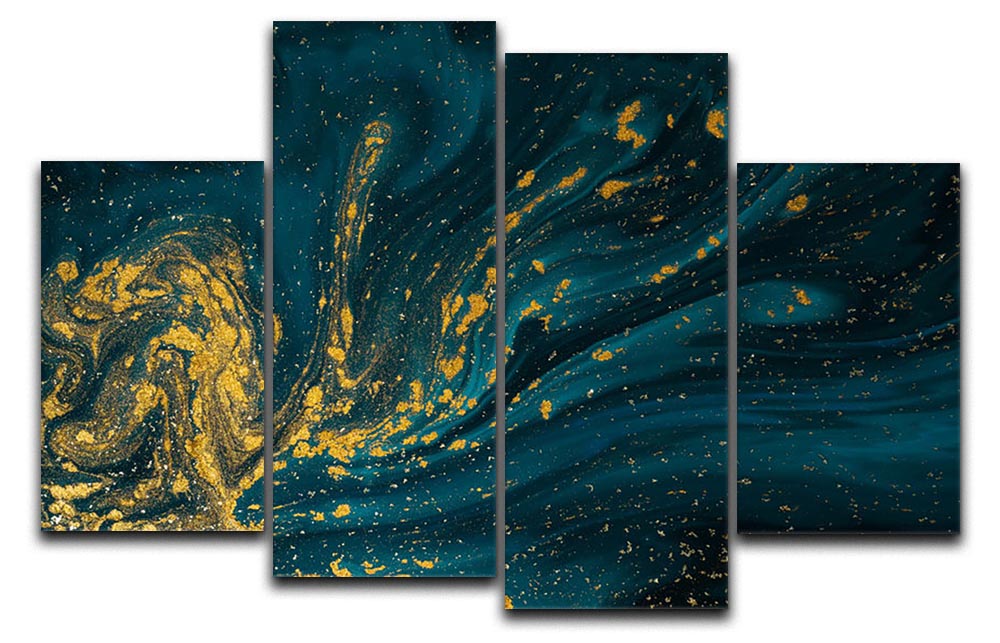 Emerald and gold swirled marble artwork divided into four panels, creating a dynamic and elegant display.