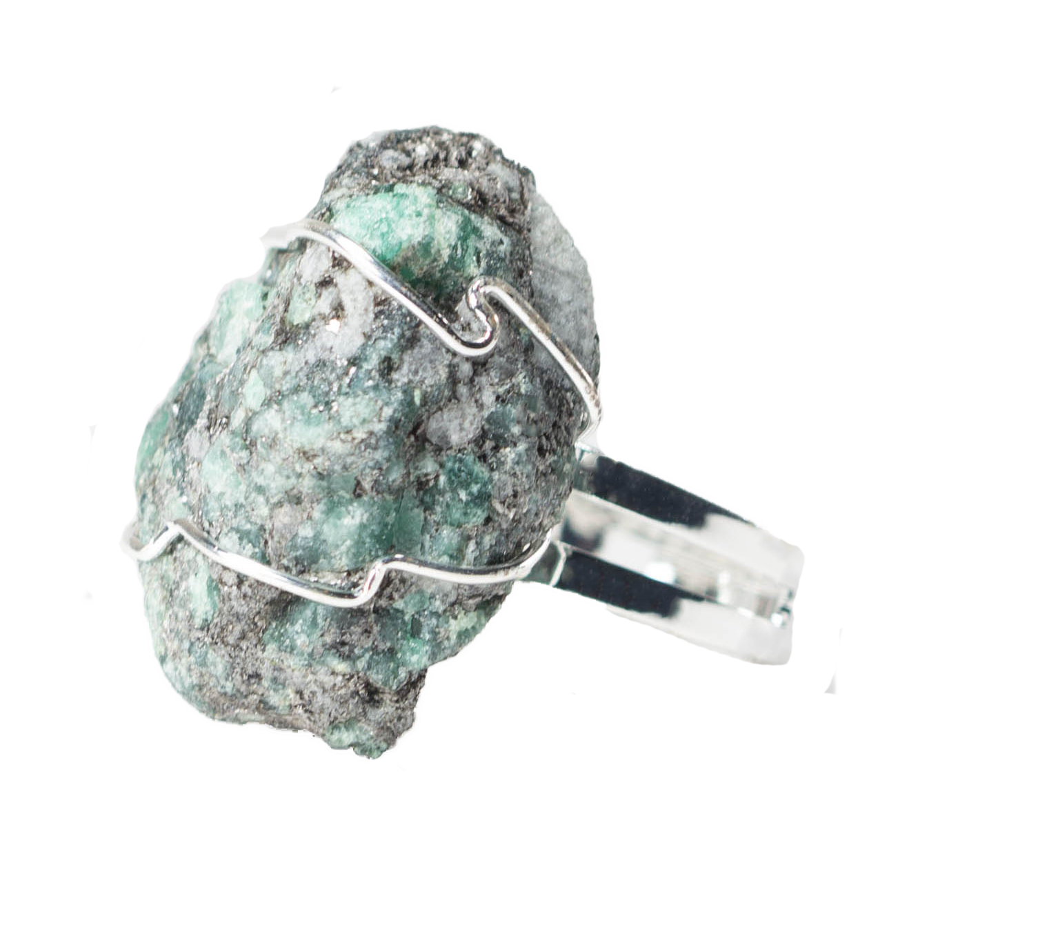 A stunning Emerald Ring featuring a unique raw emerald stone set in either gold or silver wire, showcasing vibrant green hues.