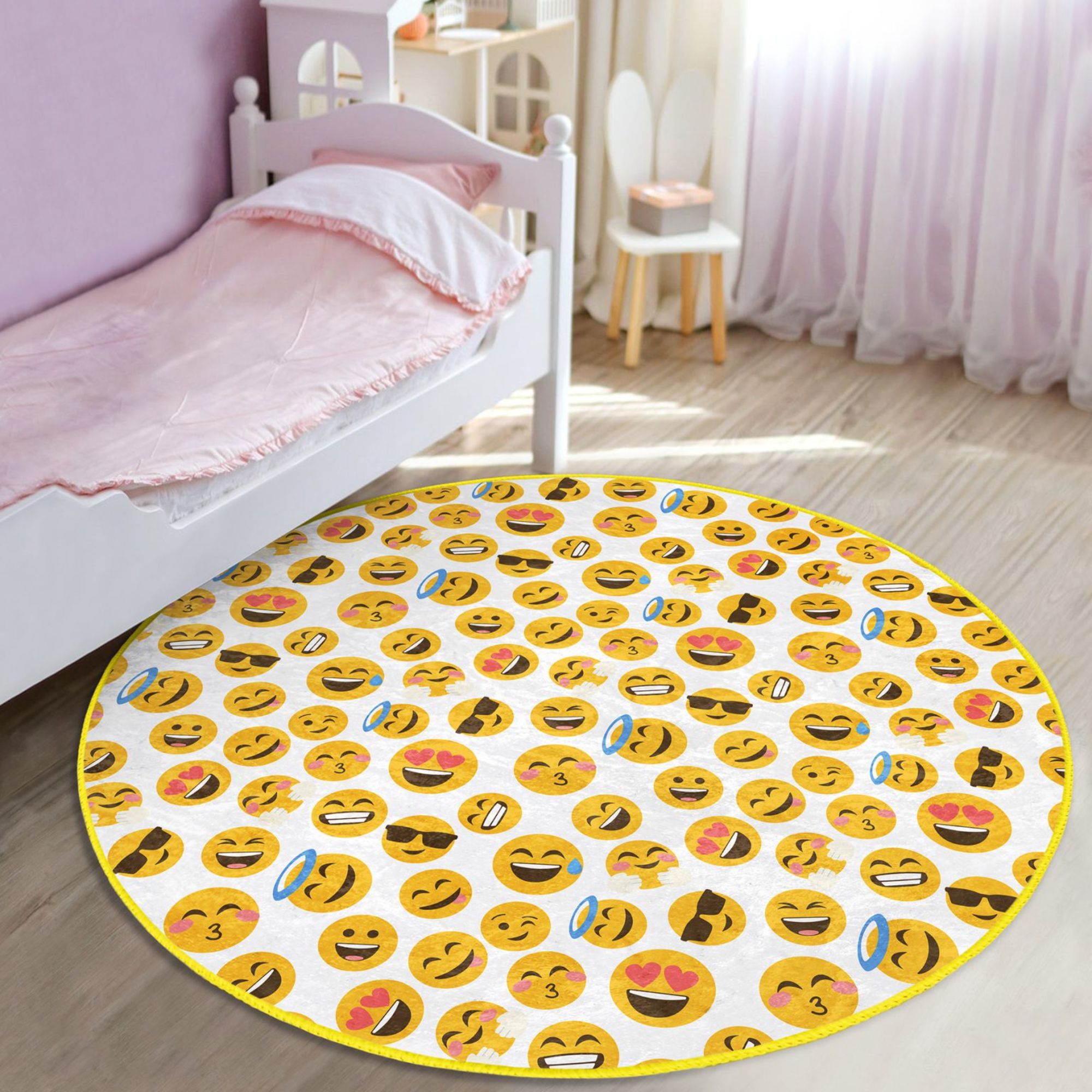 Colorful Emojis Printed Kids' Room Washable Rug featuring playful emoji designs on a soft velvet surface.