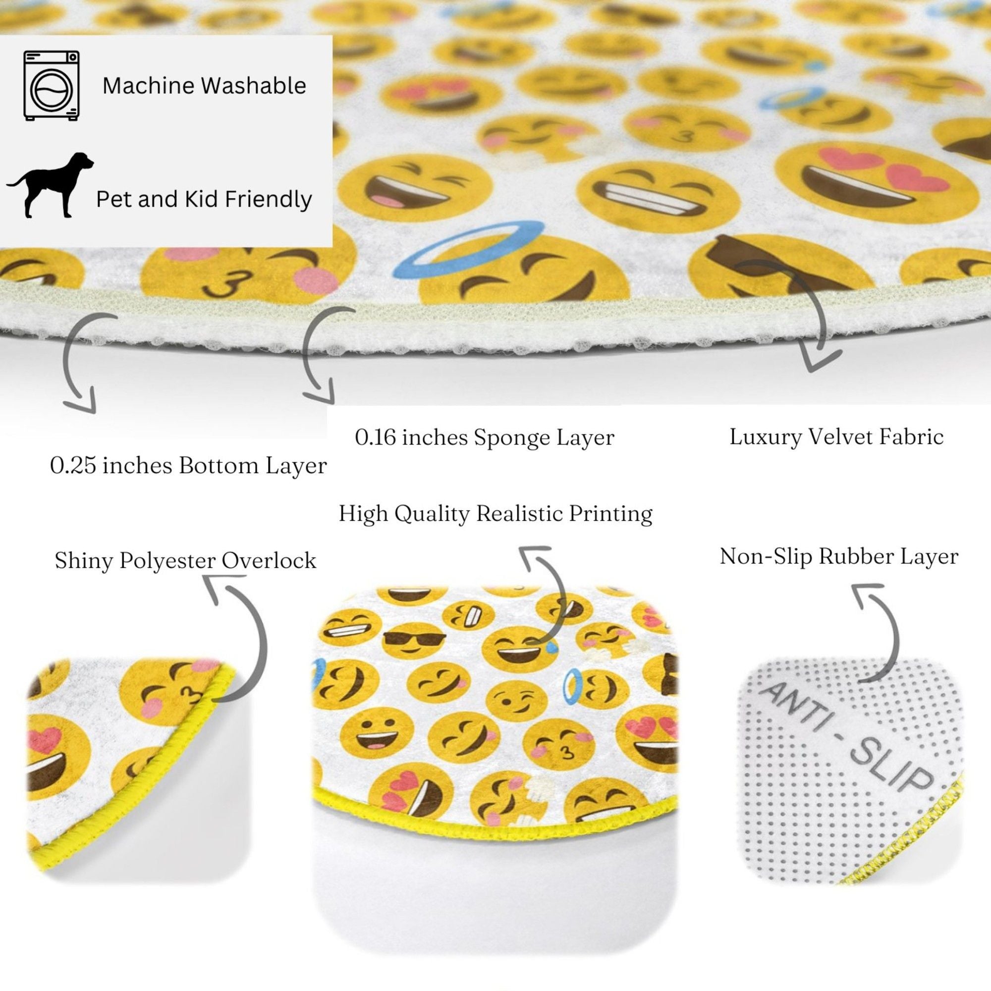 Colorful Emojis Printed Kids' Room Washable Rug featuring playful emoji designs on a soft velvet surface.