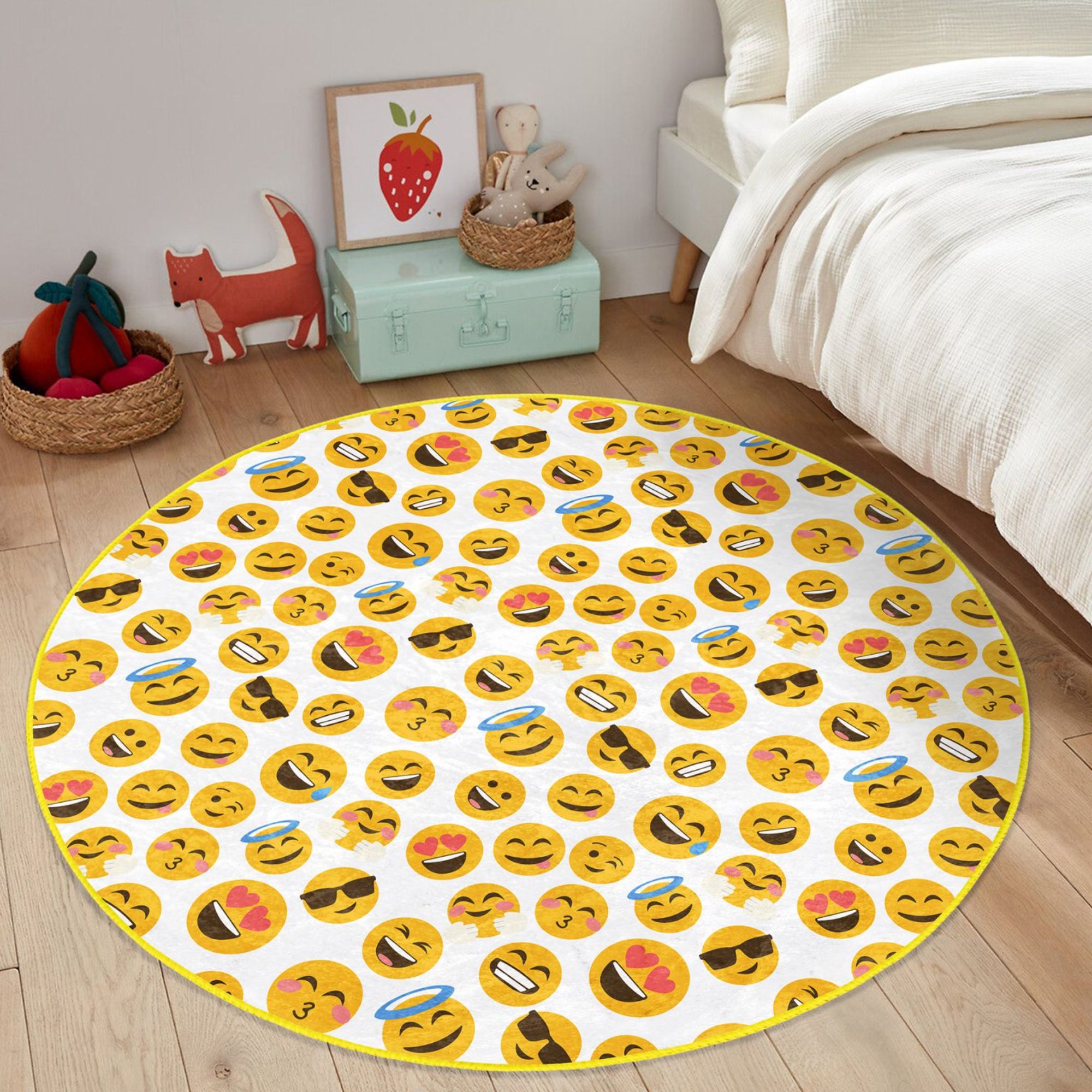 Colorful Emojis Printed Kids' Room Washable Rug featuring playful emoji designs on a soft velvet surface.