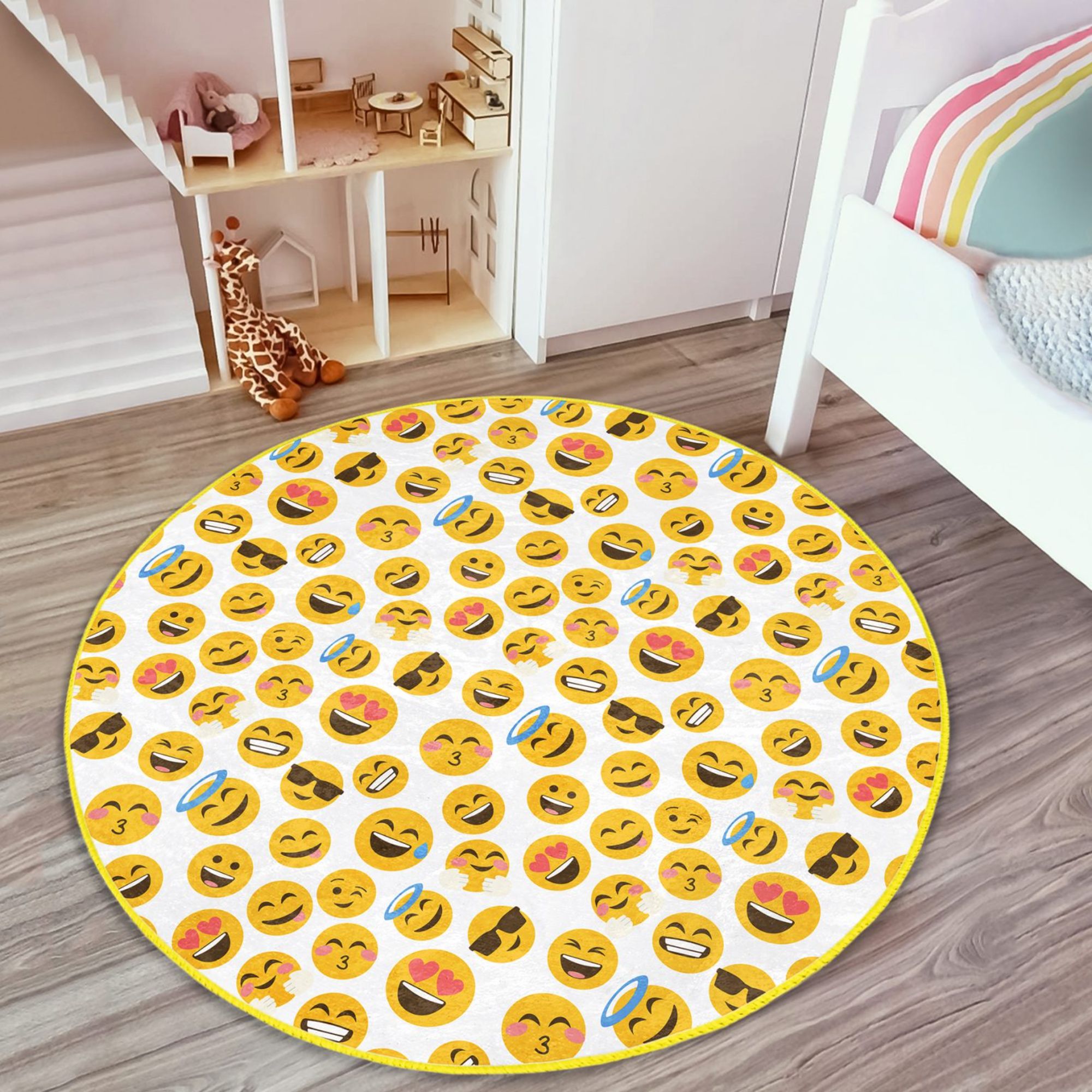 Colorful Emojis Printed Kids' Room Washable Rug featuring playful emoji designs on a soft velvet surface.