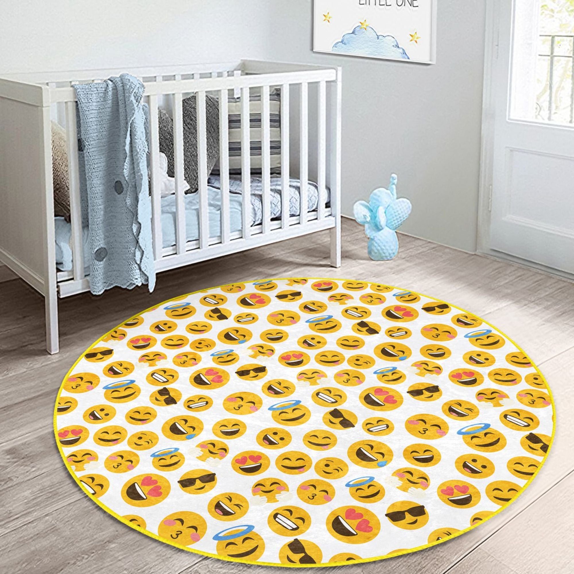 Colorful Emojis Printed Kids' Room Washable Rug featuring playful emoji designs on a soft velvet surface.