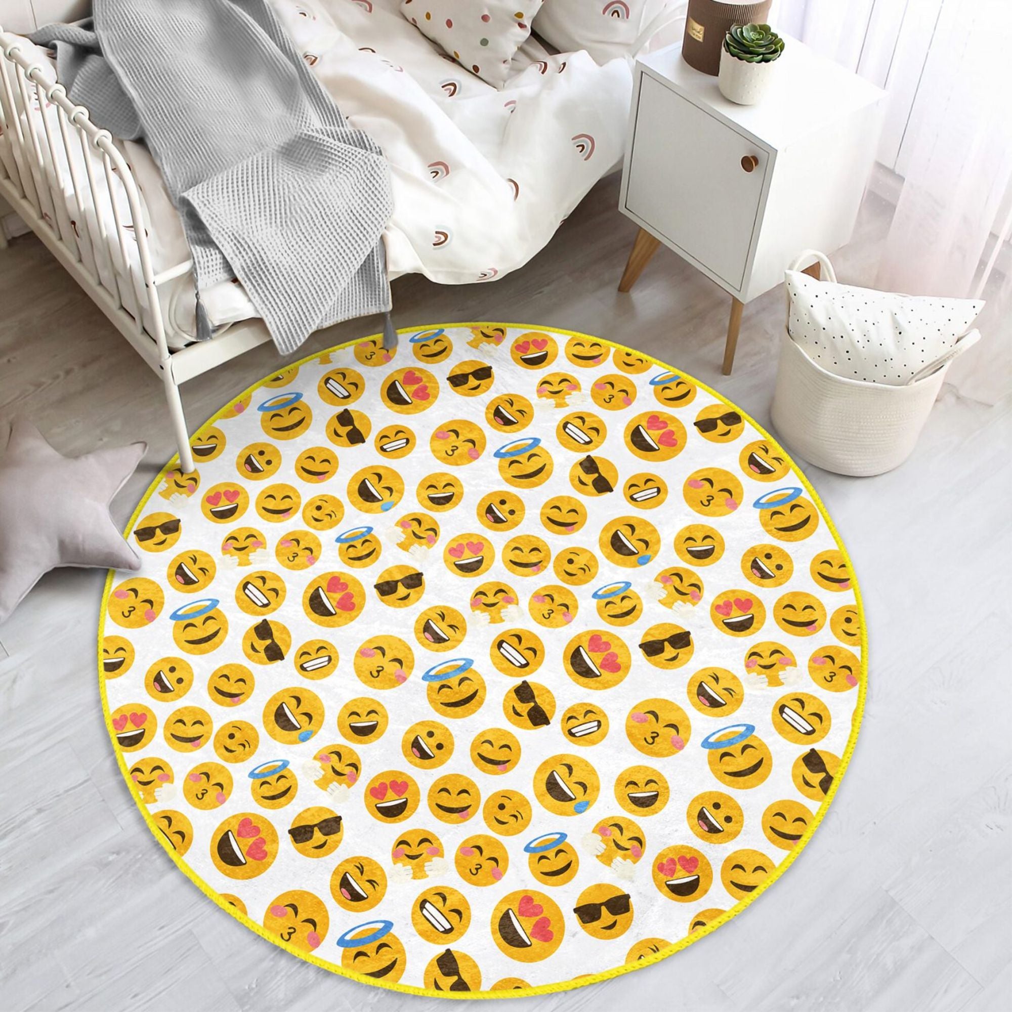 Colorful Emojis Printed Kids' Room Washable Rug featuring playful emoji designs on a soft velvet surface.
