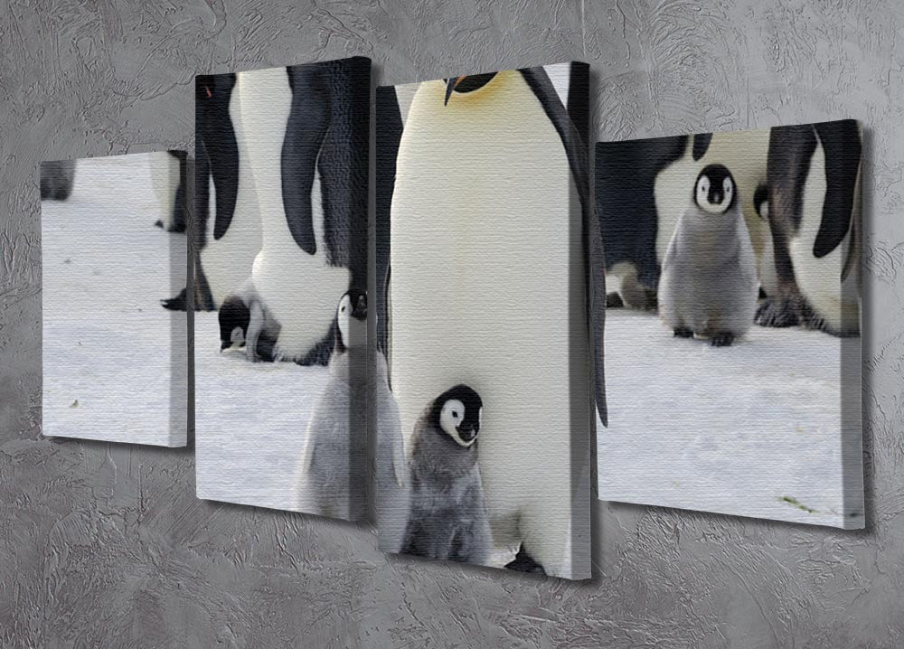 A beautiful 4-split canvas artwork featuring an Emperor penguin parent with its chicks, showcasing a heartwarming family scene.