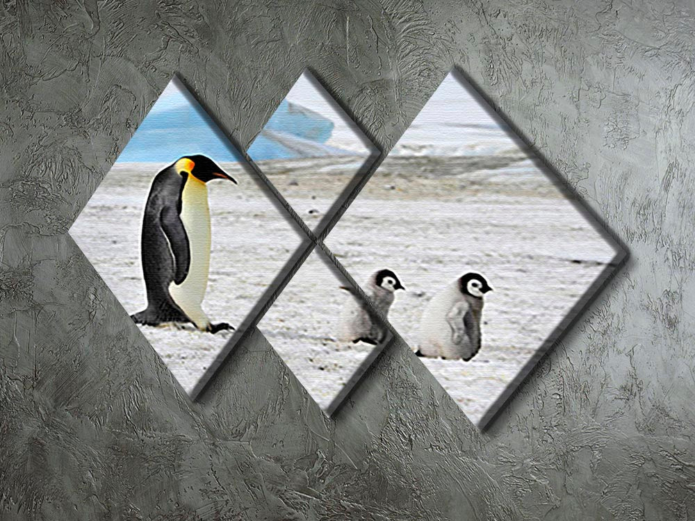A stunning 4-square canvas artwork featuring an Emperor Penguin with two chicks in the Antarctic, showcasing their natural habitat.