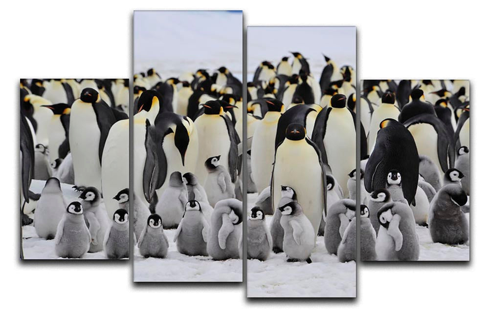 A beautiful 4-split canvas artwork featuring Emperor Penguins with their chick, showcasing a heartwarming family scene.