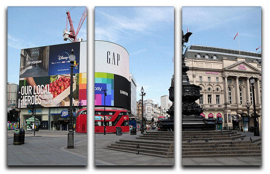 Three-panel canvas art depicting an empty Piccadilly Circus during the 2020 lockdown, showcasing urban landscape and contemporary design.