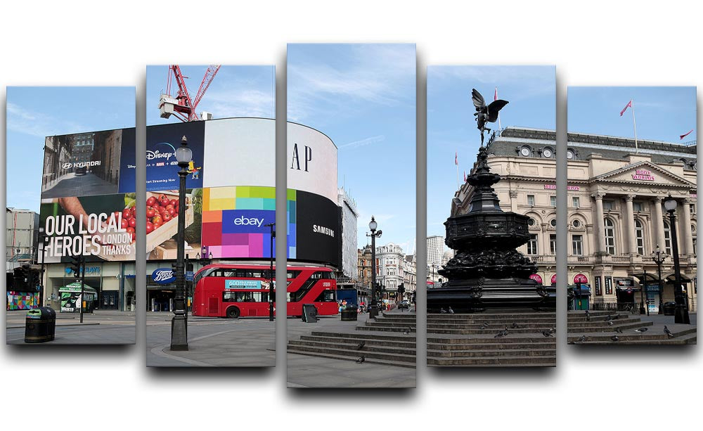 A 5-split canvas artwork depicting an empty Piccadilly Circus in London during the 2020 lockdown, showcasing a serene and quiet atmosphere.