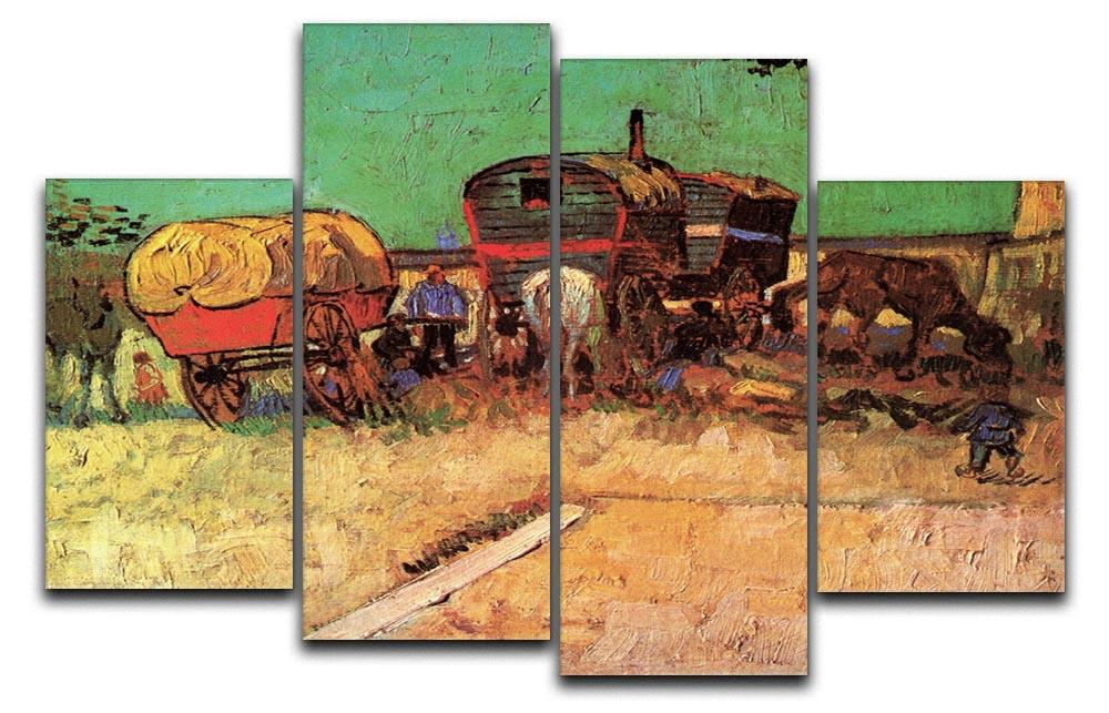 A 4 split panel canvas artwork featuring Van Gogh's Encampment of Gypsies, showcasing vibrant colors and dynamic composition.