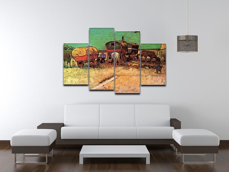 A 4 split panel canvas artwork featuring Van Gogh's Encampment of Gypsies, showcasing vibrant colors and dynamic composition.