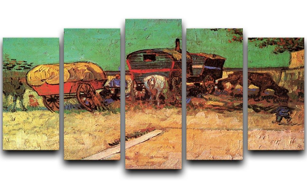 5 split panel canvas artwork of Van Gogh's Encampment of Gypsies, showcasing vibrant colors and intricate details.