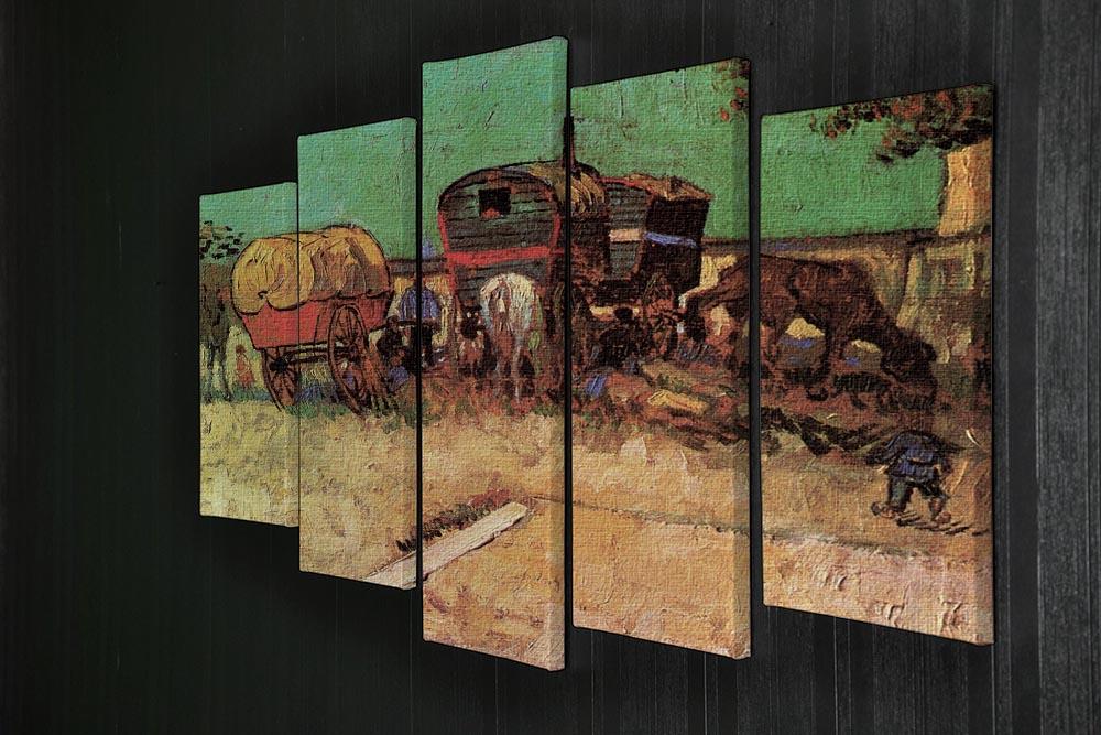 5 split panel canvas artwork of Van Gogh's Encampment of Gypsies, showcasing vibrant colors and intricate details.