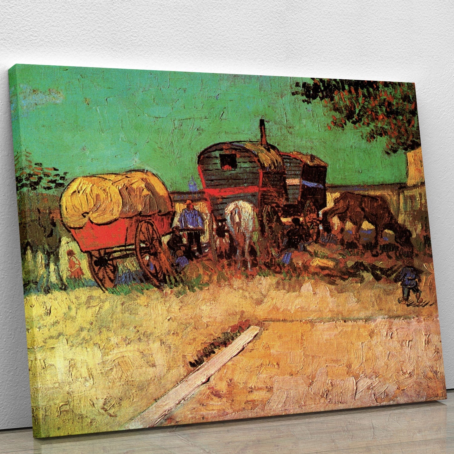 Canvas print of Van Gogh's Encampment of Gypsies with Caravans, showcasing vibrant colors and intricate details.
