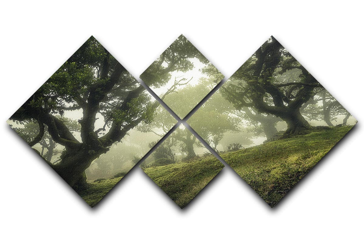 A beautiful 4-square multi panel canvas depicting an enchanted forest with vibrant colors and intricate details.