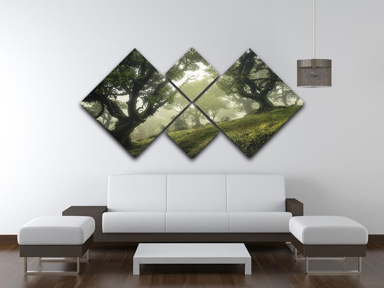 A beautiful 4-square multi panel canvas depicting an enchanted forest with vibrant colors and intricate details.