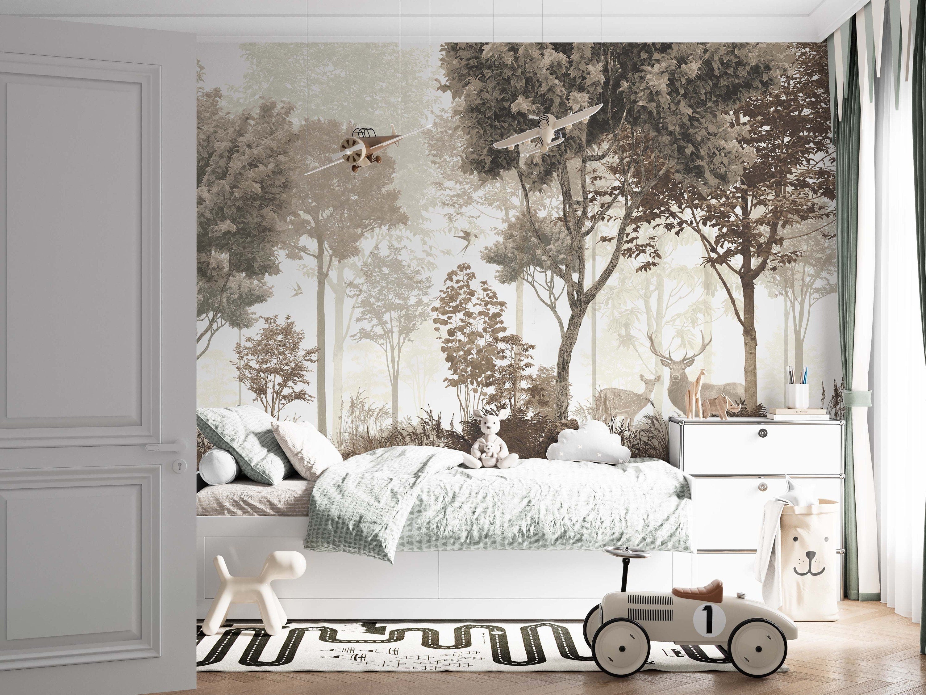 Enchanted Forest Wallpaper featuring majestic tree trunks and soft light, creating a serene forest glade atmosphere.