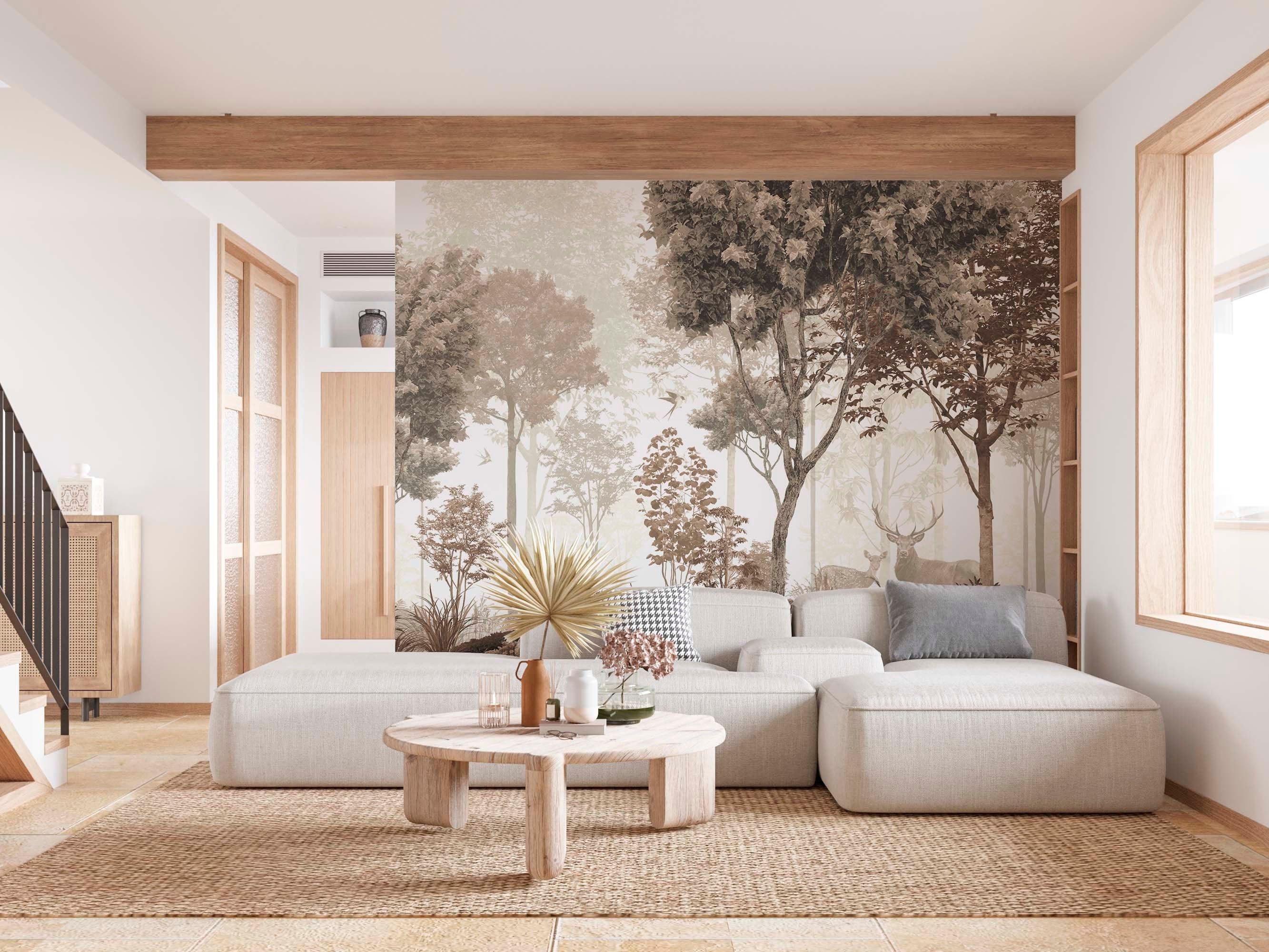 Enchanted Forest Wallpaper featuring majestic tree trunks and soft light, creating a serene forest glade atmosphere.
