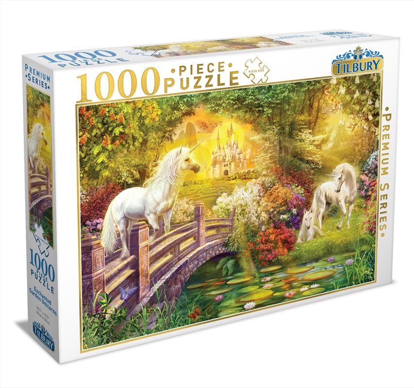 A colorful 1000 piece puzzle featuring unicorns in an enchanted garden, showcasing vibrant colors and intricate details.