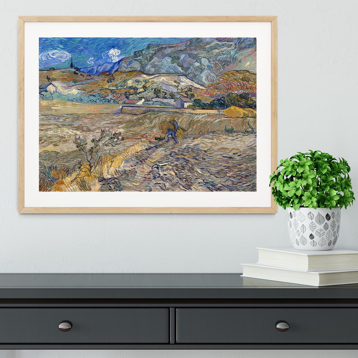 Enclosed Field with Peasant Framed Print showcasing vibrant colors and a handmade frame in black, white, or natural wood.