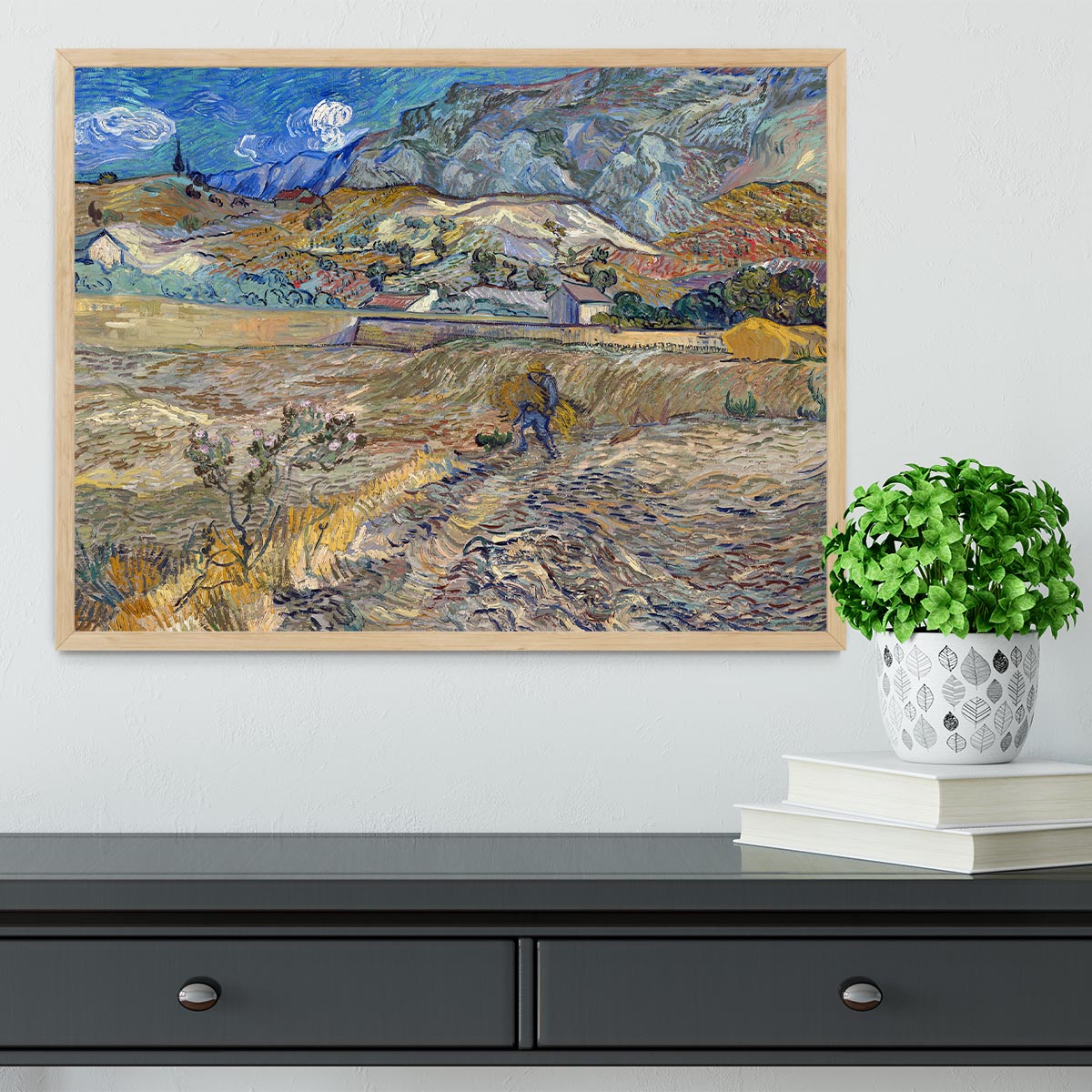 Enclosed Field with Peasant Framed Print showcasing vibrant colors and a handmade frame in black, white, or natural wood.