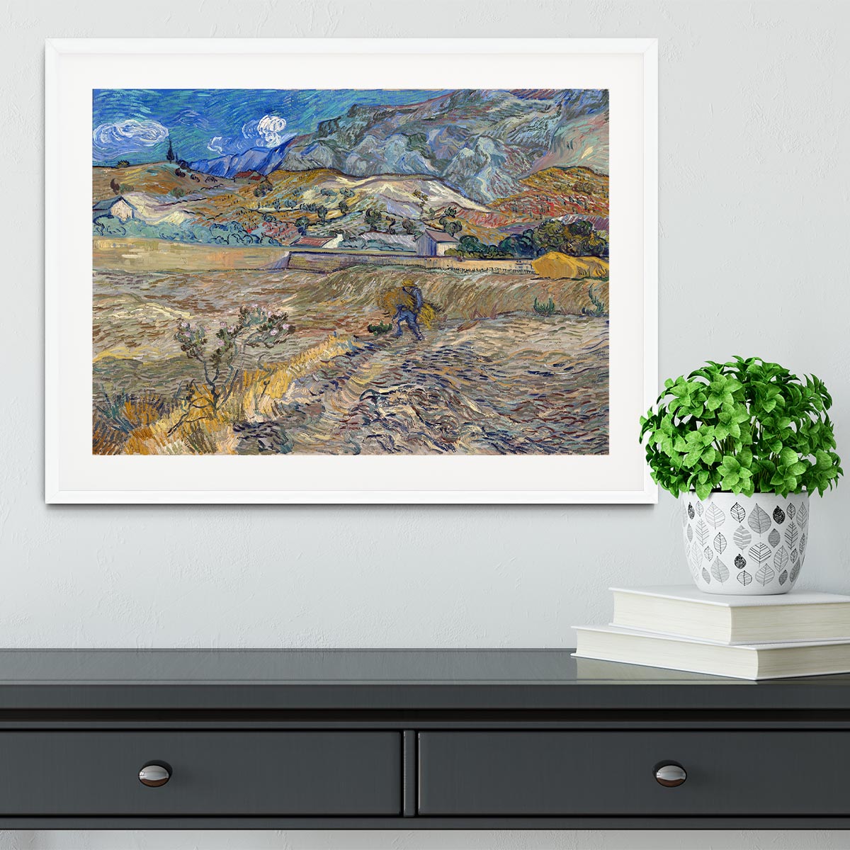Enclosed Field with Peasant Framed Print showcasing vibrant colors and a handmade frame in black, white, or natural wood.