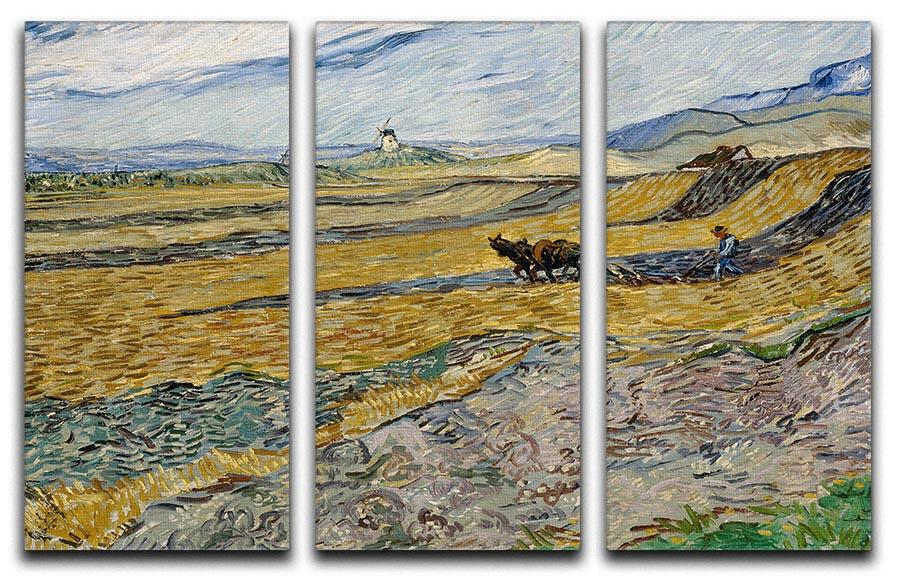Three-panel canvas print featuring an enclosed field with a ploughman, showcasing vibrant colors and detailed artwork.