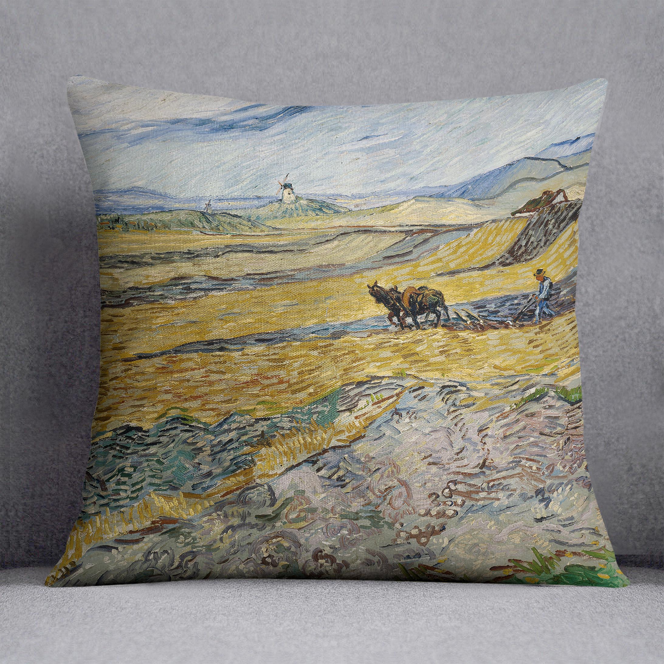 Enclosed Field with Ploughman Cushion featuring vibrant abstract design on luxurious vegan faux suede.