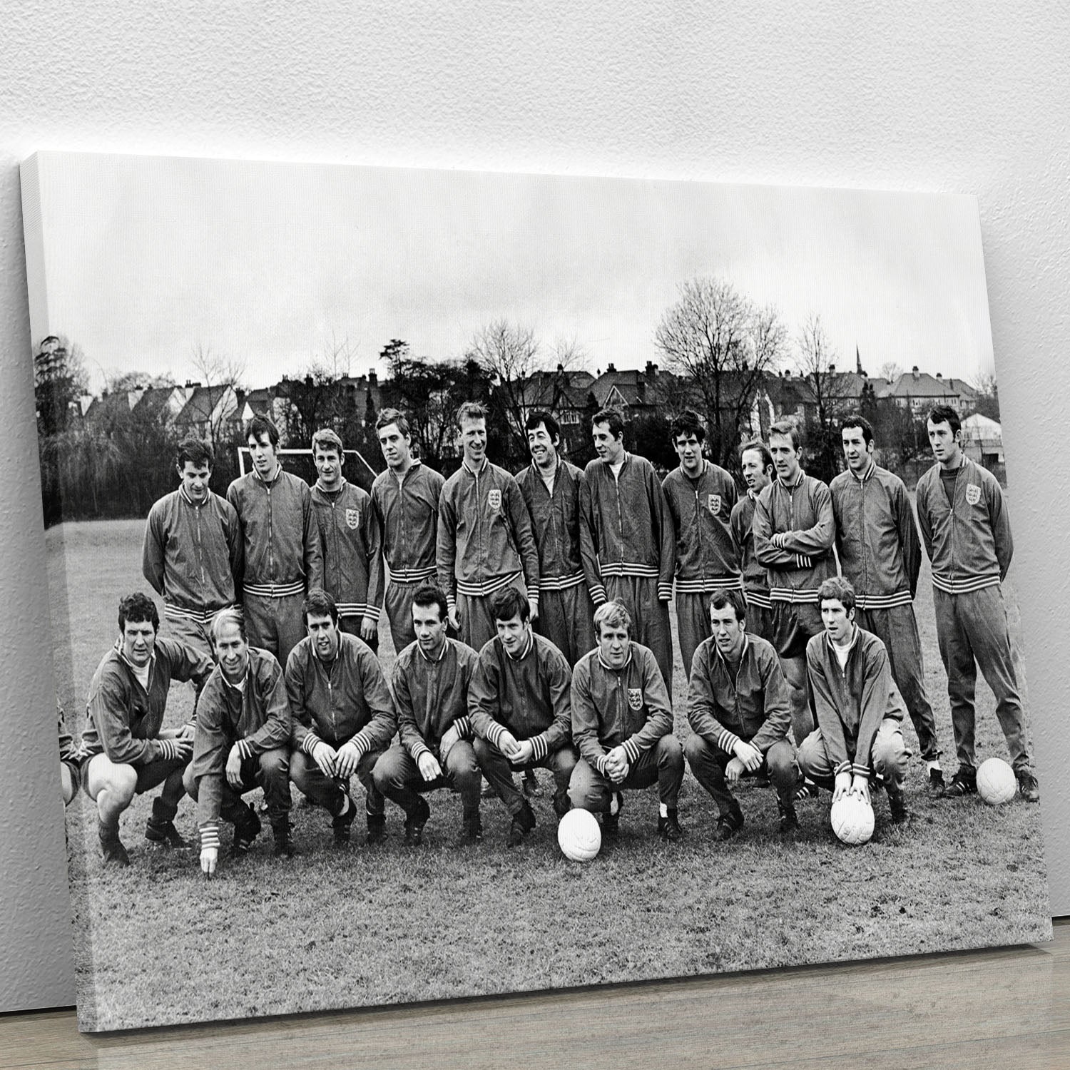 Canvas print or poster featuring the England Football Team from 1969, showcasing vibrant colors and iconic design.