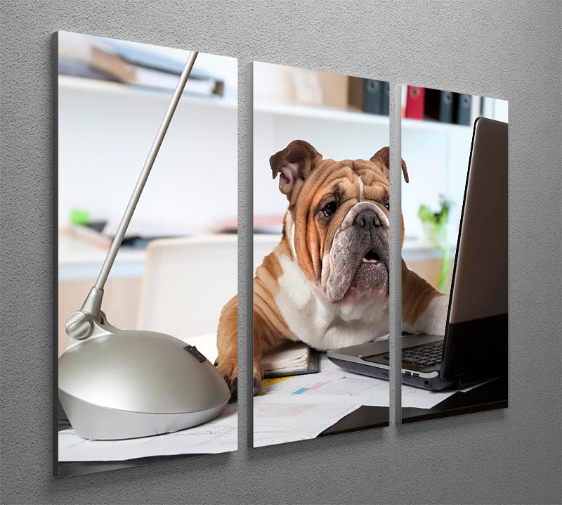 A charming English Bulldog sitting at a desk, depicted in a stunning 3-panel canvas print, perfect for home decor.