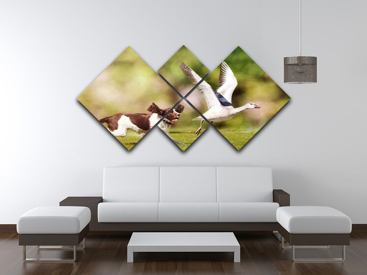 A vibrant 4-square canvas artwork depicting an English Springer Spaniel chasing a large Snow Goose, showcasing dynamic movement and natural beauty.