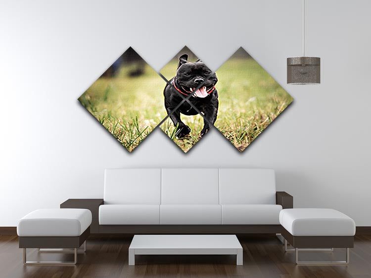 A vibrant 4-square canvas artwork featuring an English Staffordshire Bull Terrier running on a road, showcasing its playful spirit.