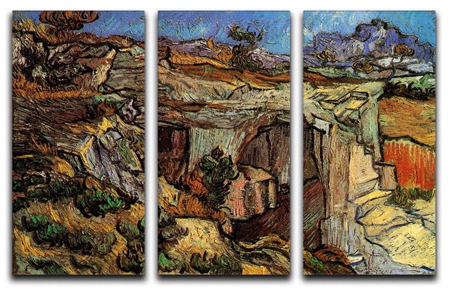 Three-panel canvas art featuring Van Gogh's Entrance to a Quarry near Saint-Remy, showcasing vibrant colors and intricate details.